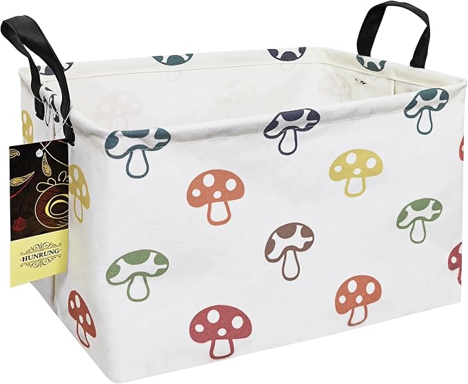 Rectangle Canvas Foldable Storage Basket for Nursery, Color Mushroom | Portable and collapsible cloth receptacle. Stores pet essentials, daily use items. Folds flat when not in use