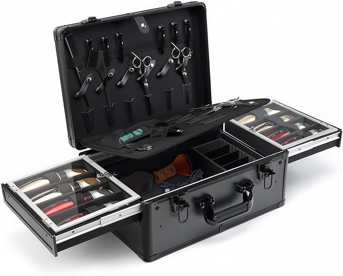 MoyRetty Professional Barber Case with Cap Clear dustproof, 16.5"*12.4"*7" | arber Suitcase 6 Clipper Slots & 8 Shear Holders, Portable Aluminum Organizer for Hair Stylists & Pet Groomers