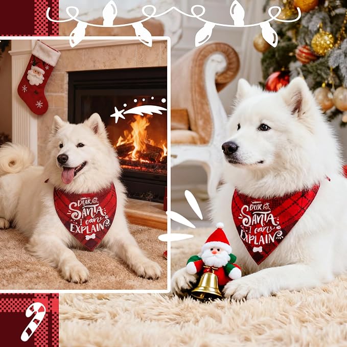 Christmas Dog Bandanas - Dear Santa I Can Explain, Funny Holiday Stocking Stuffers Pet Scarf Naughty & Nice Gifts Idea, Red Plaid, Small & Medium Breed, 5-25lbs