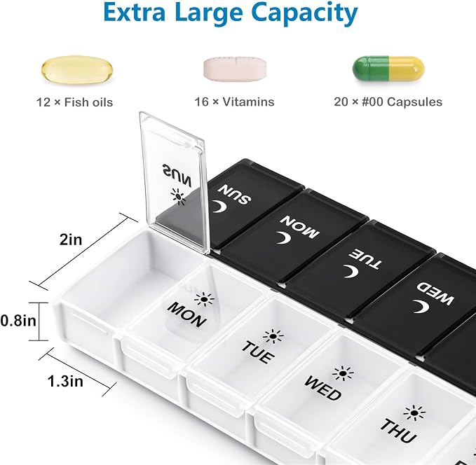 DANYING Extra Large Pill Organizer 2 Times a Day, XL Weekly Pill Box 2 Per Day, AM PM Pill Case, Day Night Pill Container 7 Day, Vitamin Case Twice a Day, Black & White