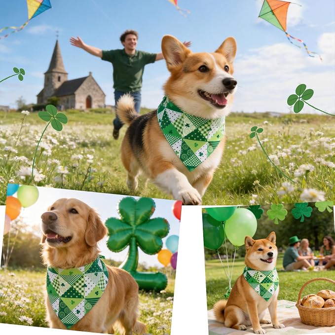 Dog Bandana for St. Patricks Day Patchwork Shamrock - Pet Scarf with Adjustable Snap Button Cute Lucky Holiday Costumes for Irish Festivals, Large & Giant Breeds (75lbs+)