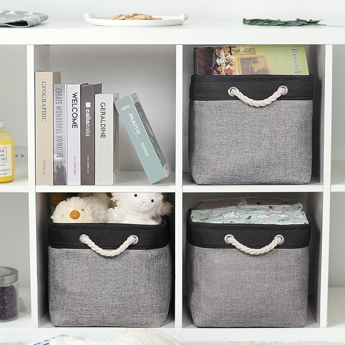 Storage Basket for Organizing - 16x12x12 inch Cube Storage bin 3 Pack Fabric Storage Cubes, Collapsible Storage Box for Organizer Cloth Gift Toy Closet (Black & Grey)