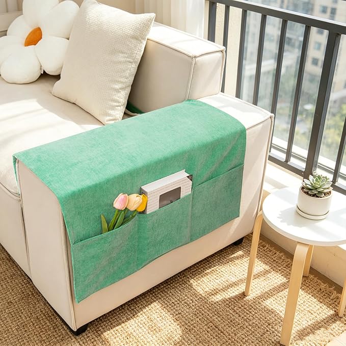Sofa Armrest Cover with Pockets Set of 2 Solid Color Furniture Protector Slip Chenille Non Slip Recliner Organizer Remote Holder Caddy Accessories for Living Room Bedroom 24*43.3 Inch Mint Green