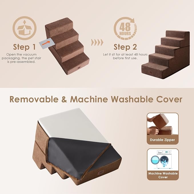 EHEYCIGA Dog Stairs for High Bed 22.5" H, 5-Step Extra Wide Dog Steps for Bed, Pet Steps for Small Dogs and Cats, Non-Slip Balanced Pet Ramp Indoor, Brown