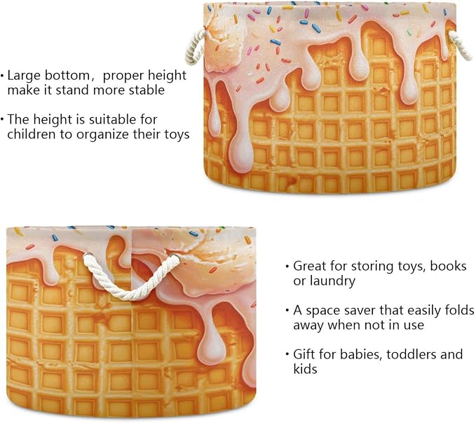 DOMIKING Large Storage Basket for Toys Icecream Waffle Yellow Storage Bin Box Organizer Basket for Nursery Laundry Hamper Books Home Decor
