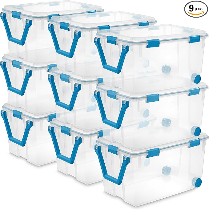 Sterilite Gasket Storage Box with Lids for Home & Office, 120 Quart, 9-Pack | Heavy-Duty, Stackable, and Organizing Containers for Bathroom, Cabinet, Closet, and Garage, Clear and Blue Aquarium Latches