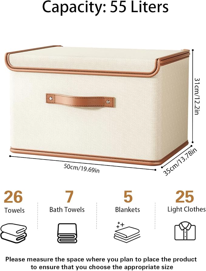 Tuza 4 Pack Storage Bins with Lids, Collapsible Closet Organizer Container, Fabric Organizer Box with Handles, Decorative Storage Boxes with Lids for Organizing Clothes, Blanket, White, Extra Large