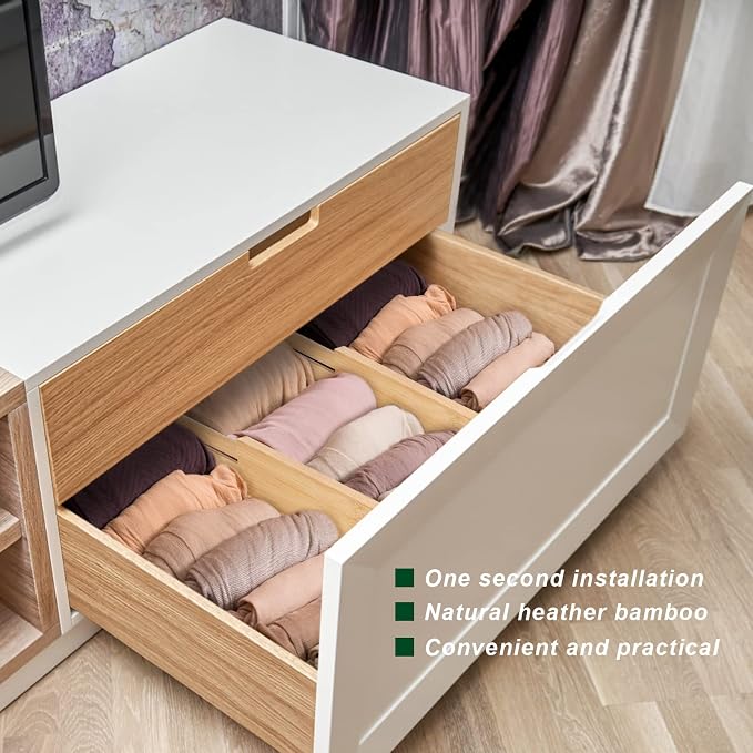 4 Pack Bamboo Drawer Dividers 2.6" High, Adjustable from 12 Inch to 17 Inch | Expandable Kitchen Drawer Organizer Separators for Clothes, Kitchen, Bedroom, Dresser, Office (Beige)