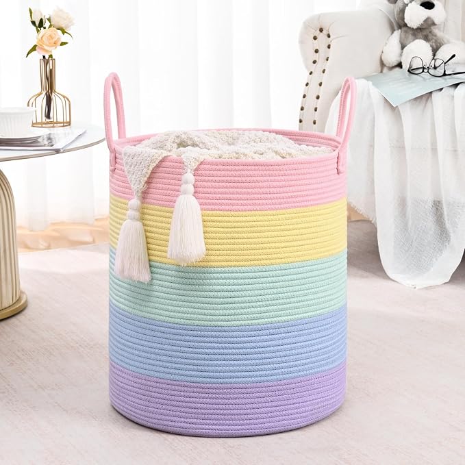 Laundry Hamper for Organizing, 52L Large Laundry Baskets, Cotton Rope Woven Blanket Basket, Collapsible Laundry Hamper for Living Room, Nursery, 15"×18", Light Rainbow