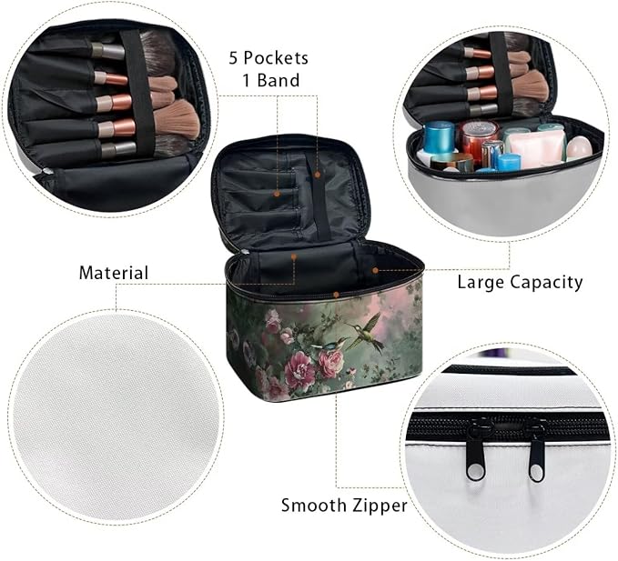 Hummingbird Make Up Bags for Women Portable Lightweight Floral Cosmetic Bag with Handle Womens Travel Makeup Bag for Vacation Daily Party