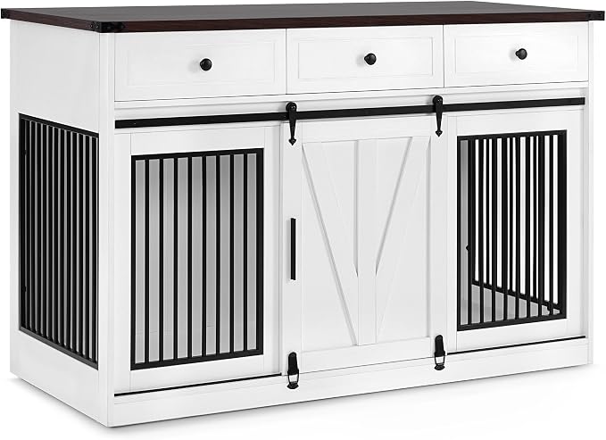Lovupet Dog Crate Furniture, Wooden Large Dog Kennel with Barn Door and 3 Drawers, 55.1 inches Length Pet Crate Indoor, GC55