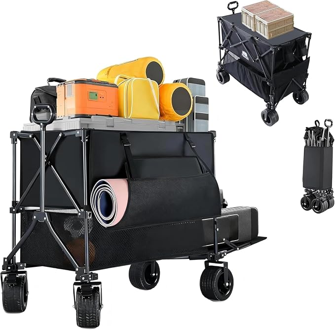 600LB Double Decker Foldable Wagon Cart, 400L Large Storage, Heavy Duty | 50" Extended Collapsible Wagon, Extra Large Collapsible Cart with Wheels for Camping, Fishing, Beach & Outdoor Use