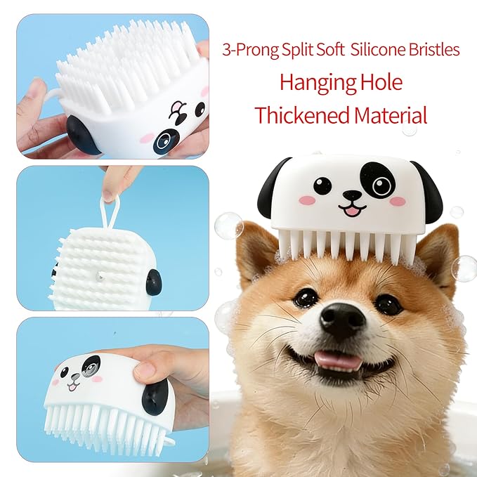 3PCS Pet Grooming Kit – Dog Bath Brush with Soap Dispenser & 2 Finger Toothbrushes | Silicone Dog Shampoo Brush for Small Medium Large Dogs, Soft Deshedding Massage Brush for Puppy & Cats