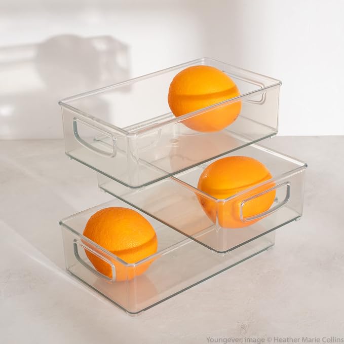 Youngever 4 Pack Stackable Plastic Storage Organizer Container Bins, Stackable Storage Bins with Handler for Refrigerator, Pantry (10" x 6" x 3")