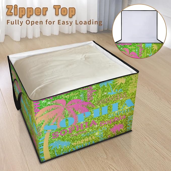 Personalized Name Foldable Storage Basket Cubes with Lid, Butterflies Dirty Clothes Pet Toys Storage Bin with Handles for Shelf Home Closet Kitchen, Colorful Palm Trees Bright Lime Green Glittering