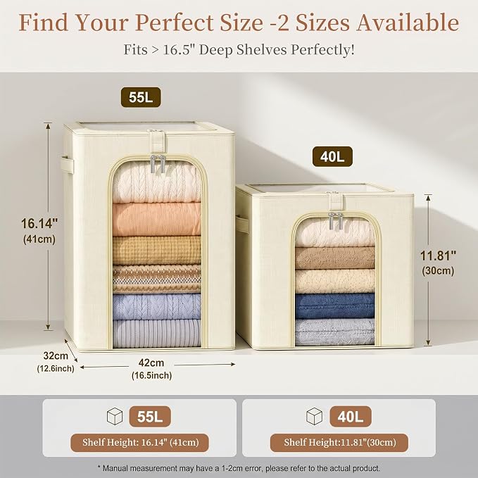 GoMaihe Blanket Storage Bins with Metal Frame for Closet, 55L 6-Pack Beige | Winter Coat Clothing Comforters Bedding, Closet Top Shelf Organizer, Collapse-Proof Stackable, Clear Window Dual Access