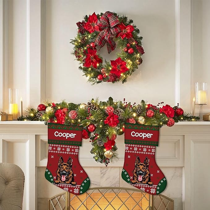 Personalized Christmas Stocking Cavalier King Charles Spaniel Dog Red Christmas Snowflake Xmas Holiday Stocking Fireplace Home Decor 14"