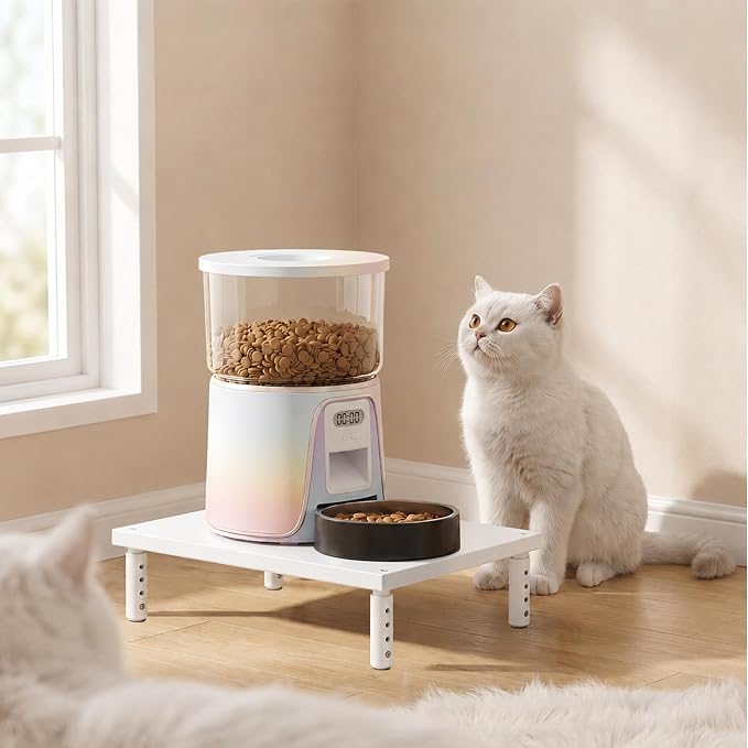 OPNICE Adjustable Cat Food Stand, Elevated Cat Feeder Stand with 4 Height Settings, Automatic Cat Feeder & Tradition Bowls, Raised Pet Feeding Table Station for Cats & Small Dogs, White Wood