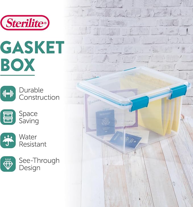 Sterilite Gasket Storage Box with Lids for Home & Office, 32 Quart, 16-Pack | Heavy-Duty, Stackable, and Organizing Containers for Bathroom, Cabinet, Closet, and Garage, Clear and Blue Aquarium Latches