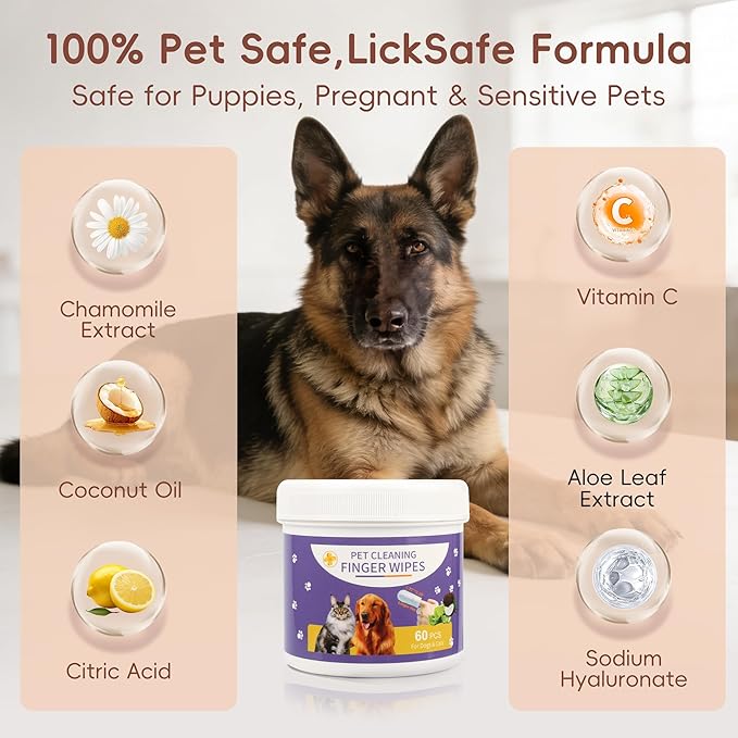 Dog Teeth Cleaning Wipes, 60 Pcs Pet Dental Cleaning Finger Wipes Tooth Brushing Kit for Dogs Cats Plaque Tartar Remove, Dog Healthy Mouth Toothbrush Finger Wipe for Pets Oral Care, Coconut Oil
