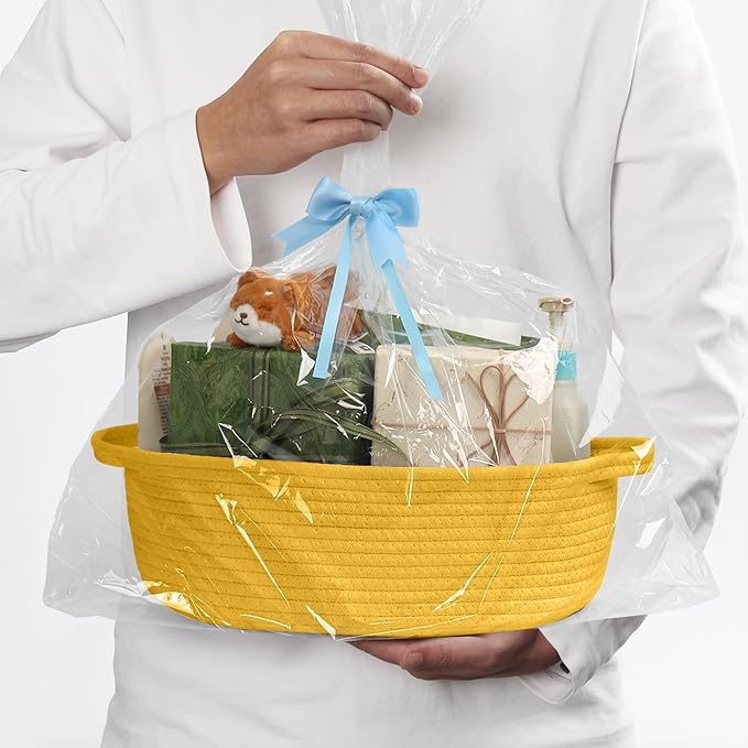 Yellow Woven Basket, 13" x 9" x 5" Baskets for Gifts Empty, Cute Cotton Rope Cat Dog Toy Bin Box, Small Woven Bin for Organizing, Yellow Room Decor, Nursery Cloth Diaper Storage Organizer