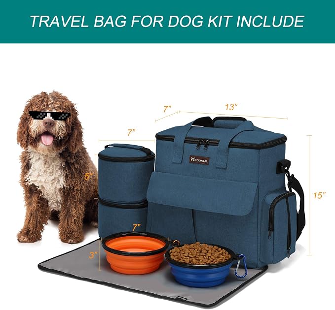 Modoker Weekend Dog Travel Bag Set with 2 Food Bags, 2 Bowls and Mat,Blue | Dog Travel Accessories Organizer for Camping and Road Trips with Roomy Storage, Multiple Pockets and Water-Resistant Oxford
