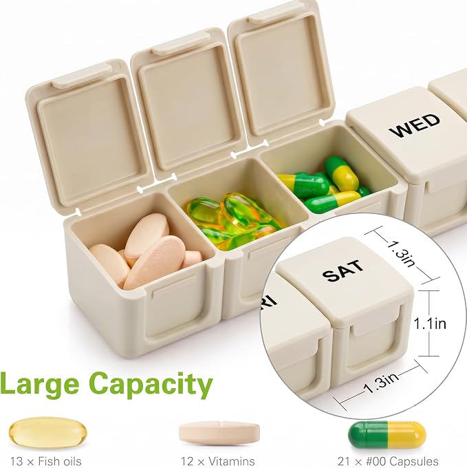 BUG HULL Weekly Pill Organizer Large 2 Packs, Extra Large Travel Pill Organizers, Pill Box 7 Day, Travel Pill Case, Medicine Pill Organizer for Medications (Black+Beige)