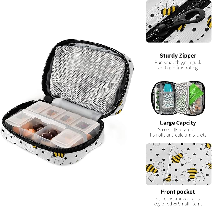 Bees on Polka Dots Pill Box 7 Day Pill Case Travel Pill Organizer Bag with Zipper Portable Weekly Case Compact Size for Vitamin Supplement Holder