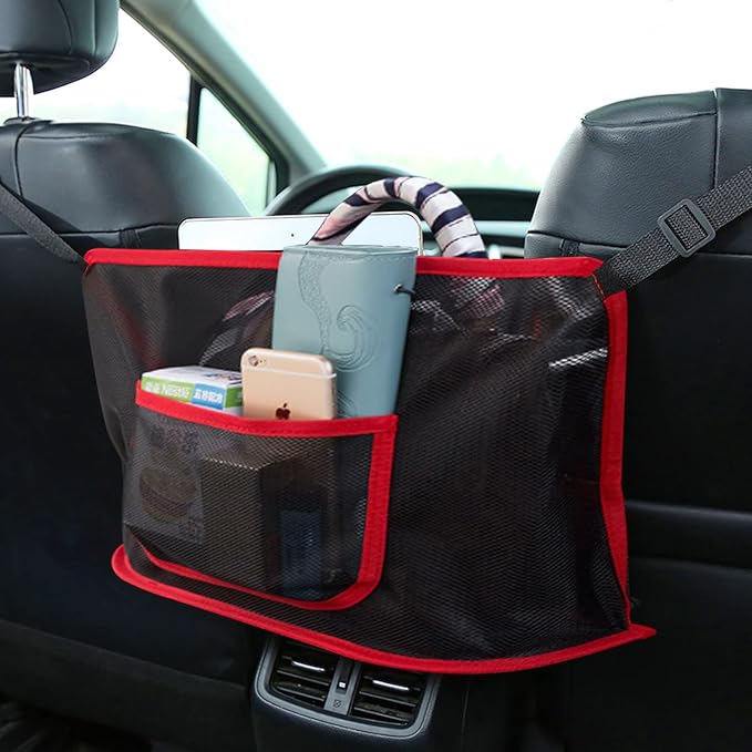 Car Net Pocket Handbag Holder Between Seats Universal Seat Back Storage Mesh Bag for Phone Purse and Smaller Items Barrier of Pet Kids, Red