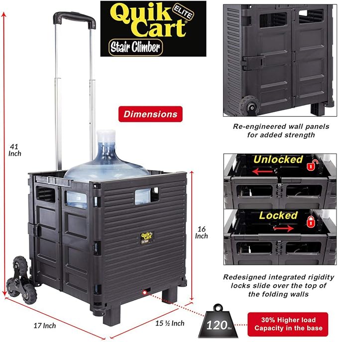 dbest Products Quik Cart Elite Stair Climber Rolling Crate - Black | Collapsible, with Wheels, 120 lbs Capacity, Heavy Duty, Telescoping Handle, Folding Utility Cart with Seat