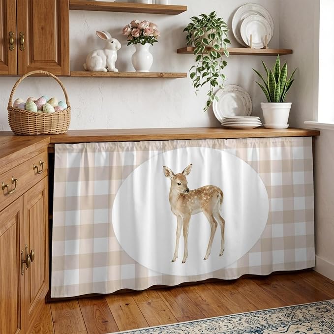 Resting Fawn Cabinet Curtains 28"x51" Sink Skirt for Bathroom Kitchen, Natural Animals Farmhouse Modern Plaid Self Stick Adhesive Under Desk Covers Tall Laundry Cabinet Storage Organizer