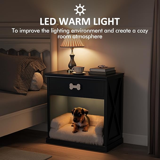 Cat End Table, Dog Crate Table Hidden Litter Box Enclosure with Drawer, Cat Side Table Storage Cabinet with Light and Pet Bed, Dog Kennel End Table, Nightstand for Living Room