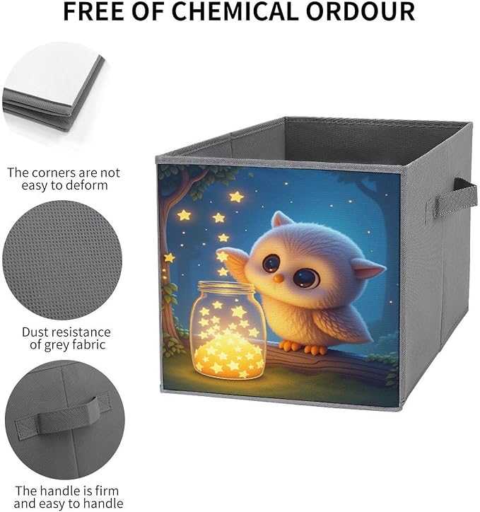 An Owl Wishing Jar Foldable Storage Bins, 10.6" Cube Storage Organizer, Sturdy Oxford Cloth Fabric Baskets for Closet, Shelf, Nursery, Bedroom, Decorative Printed Box for Toys & Clothes