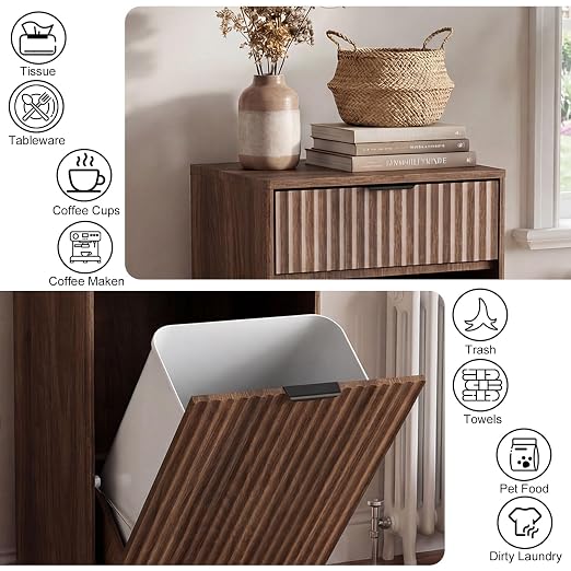 10 Gallon Tilt Out Trash Can Cabinet,Fluted Tilt Out Laundry Hamper Cabinet with Drawer,Wooden Trash can for Kitchen and Living Rooms