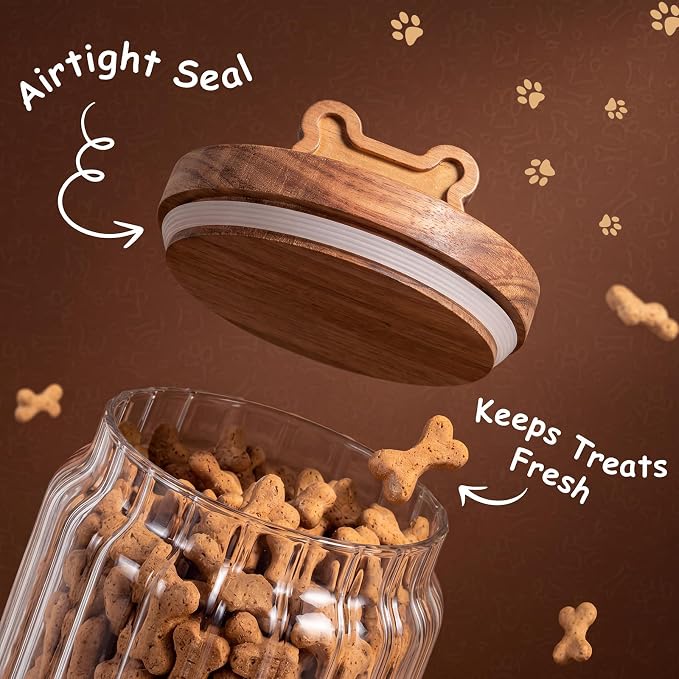 3 Pcs Glass Dog Treat Container, Dog Cookie Jar with Wooden Lid | 3 Sizes, Airtight Pet Treat Storage Container, for Kitchen Counter, Treats Canister, Doggie Cookie, Pets, Stripe Bone