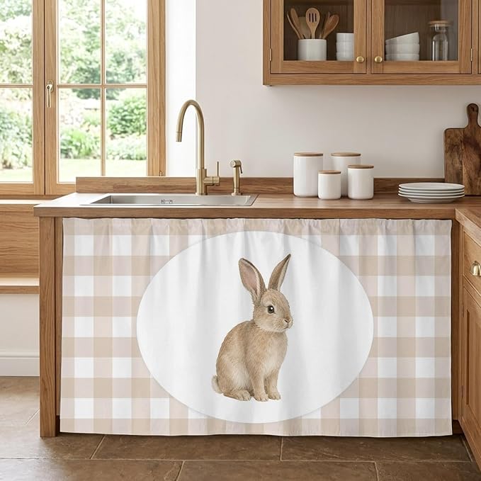 Rabbit Plaid Cabinet Curtains 28"x51" Sink Skirt for Bathroom Kitchen, Modern Farmhouse Checkered Rustic Animal Self Stick Adhesive Under Desk Covers Tall Laundry Cabinet Storage Organizer