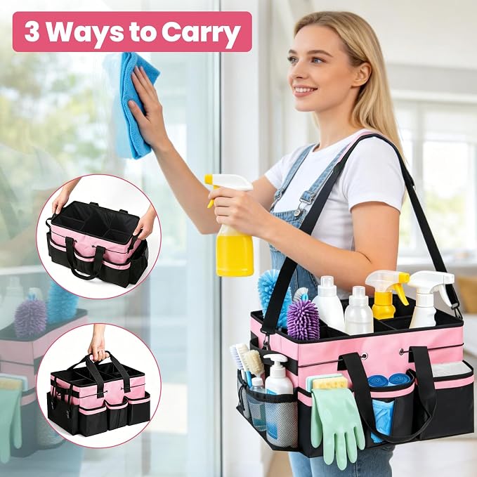 Wearable Large Cleaning Caddy Bag with Dividers, Household Cleaning Caddy for Cleaning Supplies Organizer Car Wash, Cleaner Tote Detailing Bag with Shoulder Strap and Handles for Housekeeper Storage