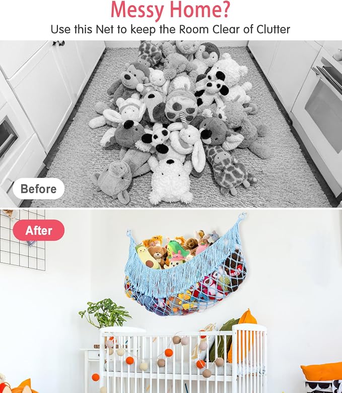 Stuffed Animal Hammock - Extra Large 63'' Long (Light blue) | Premium Cotton Hand-knitted, Beautiful Long Tassel, Storage Hanging Organizer, Can Fit Stuffed Animals 40 Piece or More