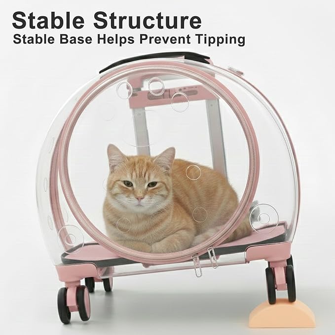 Transparent Hard Shell Cat Carrier with Wheels, Pink | Rolling cat carrier, 17-lb max load, Breathable, Telescoping handle, Shoulder strap, Clear pet carrier, Portable, Travel