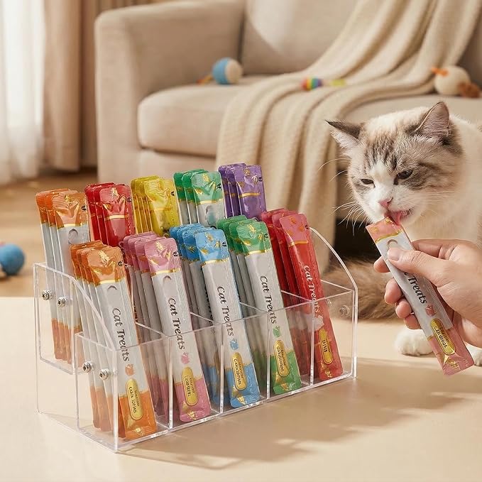 Cat Treat Holder Organizer, 2 Tier 10 Compartment Clear Acrylic Storage Rack for Lickable Wet Treats, Countertop Display Stand for Pet Tubes and Squeeze Up Pouches