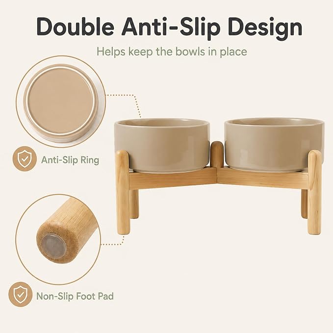 Havniva Ceramic Dog Bowls Elevated, Raised Dog Food Bowl for Small Dogs | 6.1” Elevated Dog Bowls, Non-Slip Wood Stand, Dog Food and Water Bowl Set, Dog Feeding Dish, Large Capacity Pet Water Bowl