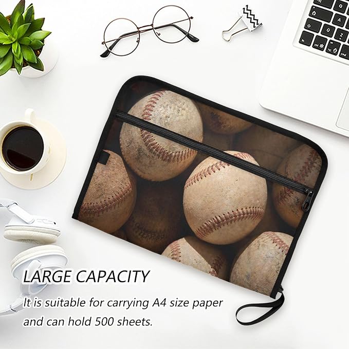 Baseball Vintage File Organizer 13 Pocket Expanding File Folder with Front Pouch Portable Business Fire Storage Document Organizer Folder with Zipper