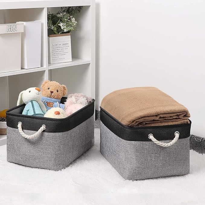 Organization and Storage Basket for Organizing - 17x14x10 inch Large 3 Pack Collapsible Storage Bin for Shelves, Fabric Basket for Gifts Empty Organizer Gift Closet (Black & Grey)