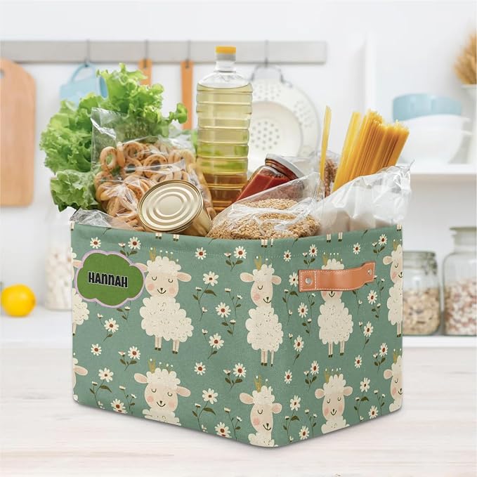 Personalized Kids Toy Box Name, Custom Nursery Baskets Cubes Box, Kids Custom Storage Basket Laundry Baskets Organizer with Handles, Cute Sheep with Daisy Floral