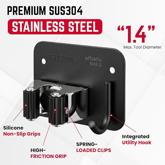 4 Pack Wall Mount Hanger for Brooms & Mops - Heavy Duty Adhesive SUS304 Stainless Steel Broom Holder with 1 Clamp, 1 Hook, & 4 Towel Hangers for Small Nooks & Utility Closet Organization