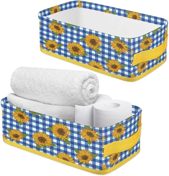 Sunflower Blue White Plaid Bathroom Storage Basket, Foldable with Handle Open Countertop Paper Towel Decorative Box, Toilet Tank Top Shelf Baskets for Home Closet Bedroom Living Room Office