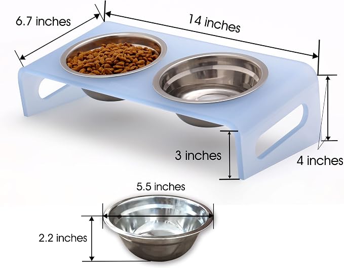 Tilted Raised Elevated Food and Water Bowls Stand for Cat or Small Dogs - Puppy's Clear Acrylic Stainless Steel Dishes Holder for Boy or Girl Pet,Modern,Durable and Easy to Clean by WBhonghui (Blue)