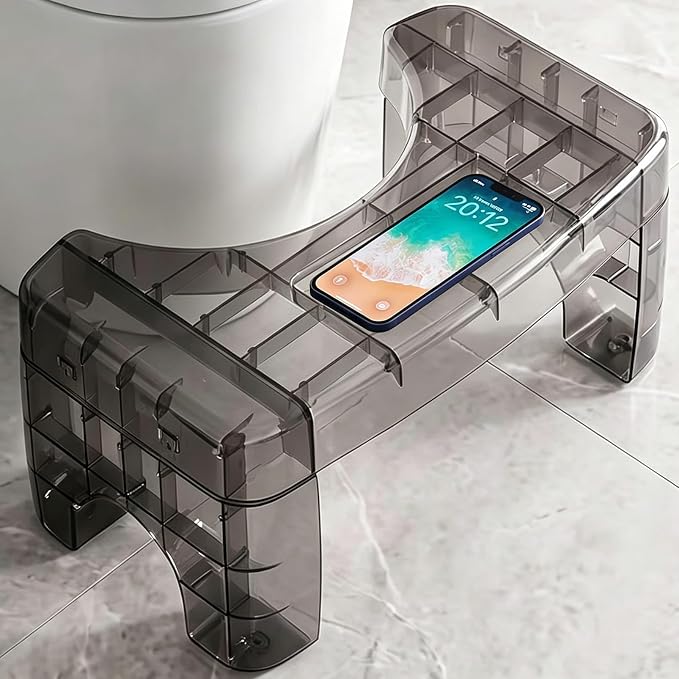 Folding Black Toilet Stool Squat Adult Bathroom Step Stool with Storage | Acrylic, Shatterproof & Heavy Duty, Built-in Phone Storage Slot, Bathroom & Toilet, Adults & Elderly