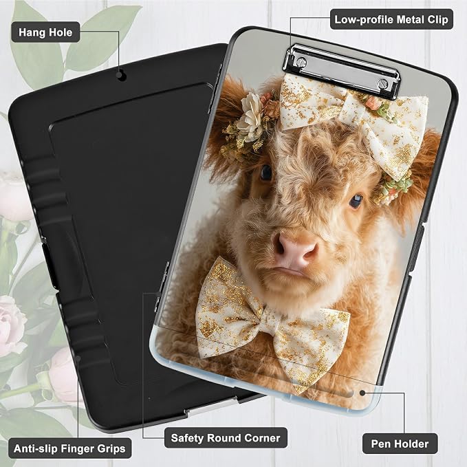 A4 Clipboard with Storage Pen Holder, Clipboards Organizer Nursing Clipboard Foldable File Folder Plastic Clipboard Folio Clip Board for Office Work Classroom Doctor, Yellow Baby Cow