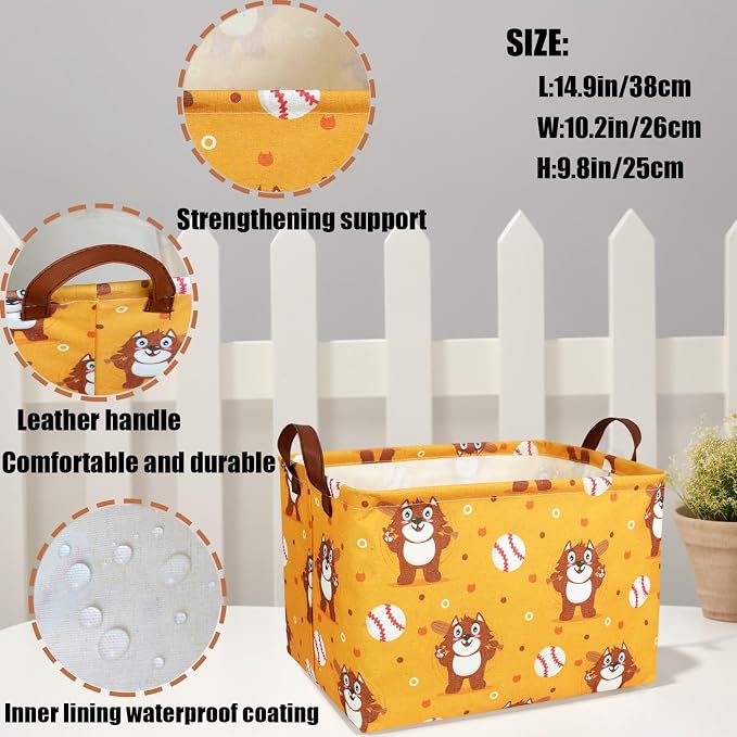 Kid Cute Storage Basket Baby Gift Basket Collapsible Rectangle Canvas Storage Bin for Nursery Playroom Bedroom Decor Organizer (Cartoon Bear Baseball)